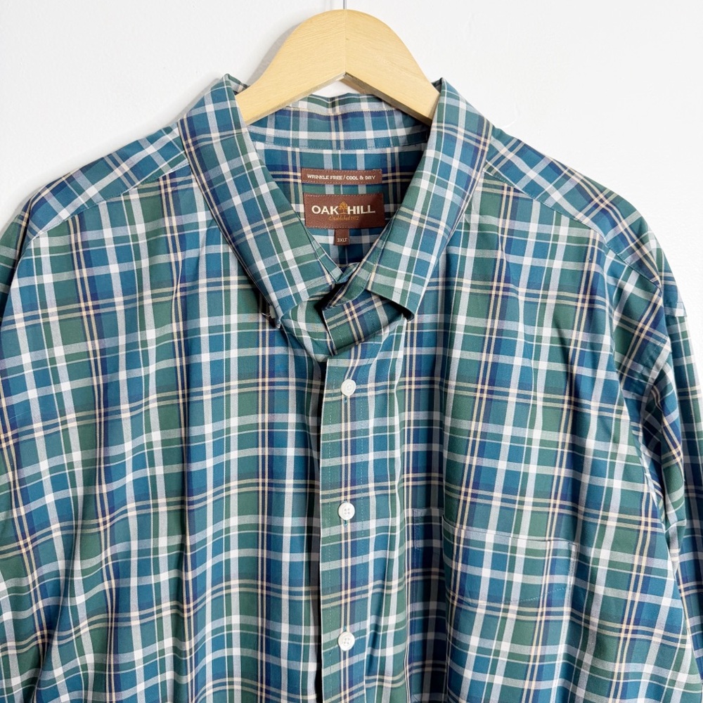 NWOT Oak Hill Navy Green Plaid Button Down Shirt 3XLT Preppy Casual Cool & Dry